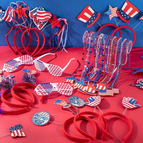 Aurelema 216 Pcs 4th of July Accessories Patriotic Supplies 72 Patriotic Head Boppers Headbands 72 Shutter Glasses 72 Flag Necklaces Red Blue White Decorations for Adults Memorial Independence Day in Kuwait