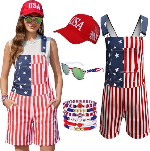 American Flag Overalls Women,USA Hat,Patriotic Sunglasses,Independence Day Bracelets,4 Pcs 4th of July Outfits in Saudi Arabia