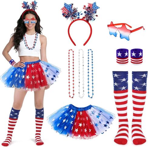 8pcs 4th of July Tutu Set for Women Patriotic Tutu Skirt Headband Sunglasses Socks Wrist Cuffs Necklaces for 4th of July Party in Kuwait