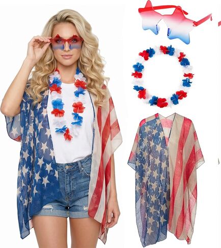 4th of July Outfits for Women - Patriotic American Flag Kimono Cover Up Accessories Set Fourth of July Outfit with Star Glasses Lei in Saudi Arabia