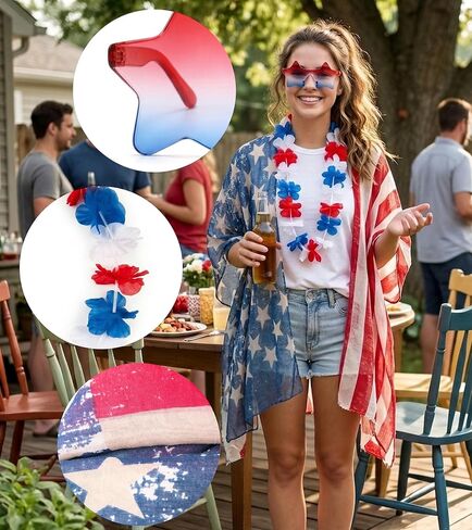 4th of July Outfits for Women - Patriotic American Flag Kimono Cover Up Accessories Set Fourth of July Outfit with Star Glasses Lei in Saudi Arabia