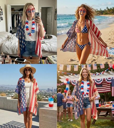 4th of July Outfits for Women - Patriotic American Flag Kimono Cover Up Accessories Set Fourth of July Outfit with Star Glasses Lei in Saudi Arabia