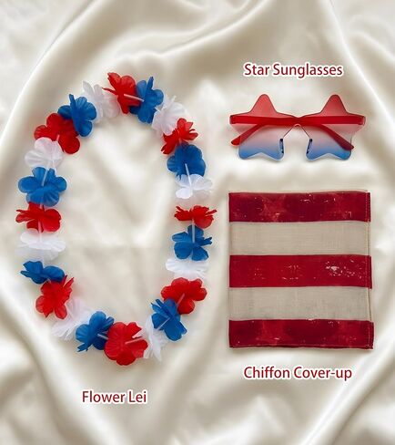 4th of July Outfits for Women - Patriotic American Flag Kimono Cover Up Accessories Set Fourth of July Outfit with Star Glasses Lei in Saudi Arabia