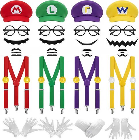 4Pcs Super Bros Costume Accessories Set with Glasses – Hats, Mustaches, Suspenders, Gloves, Buttons for Halloween, Cosplay, Christmas, Birthday & Theme Parties in Saudi Arabia