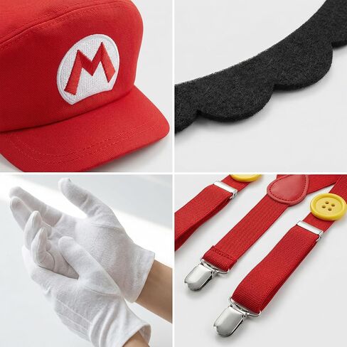 4Pcs Super Bros Costume Accessories Set with Glasses – Hats, Mustaches, Suspenders, Gloves, Buttons for Halloween, Cosplay, Christmas, Birthday & Theme Parties in Saudi Arabia