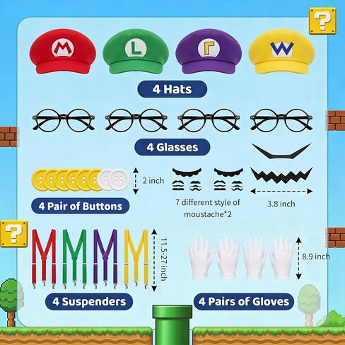 4Pcs Super Bros Costume Accessories Set with Glasses – Hats, Mustaches, Suspenders, Gloves, Buttons for Halloween, Cosplay, Christmas, Birthday & Theme Parties in Saudi Arabia