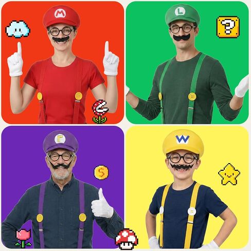 4Pcs Super Bros Costume Accessories Set with Glasses – Hats, Mustaches, Suspenders, Gloves, Buttons for Halloween, Cosplay, Christmas, Birthday & Theme Parties in Saudi Arabia