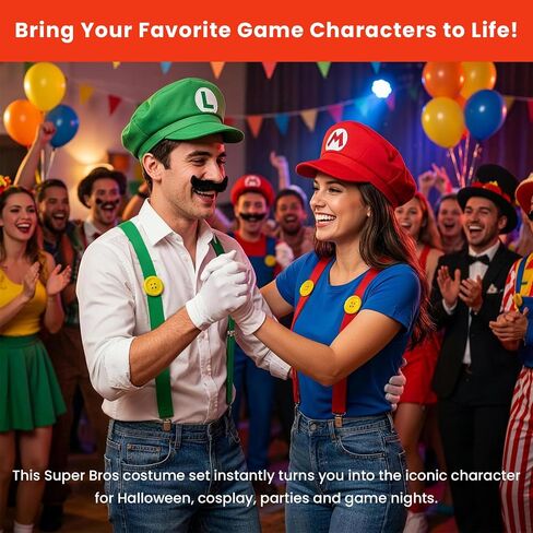 4Pcs Super Bros Costume Accessories Set with Glasses – Hats, Mustaches, Suspenders, Gloves, Buttons for Halloween, Cosplay, Christmas, Birthday & Theme Parties in Saudi Arabia