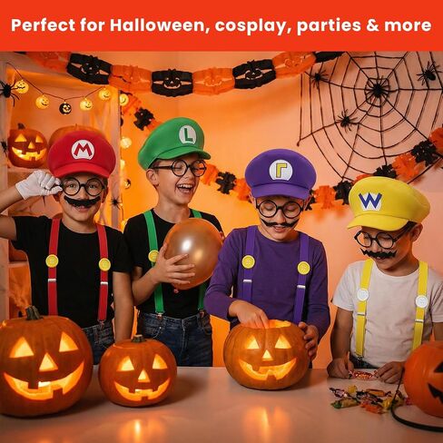 4Pcs Super Bros Costume Accessories Set with Glasses – Hats, Mustaches, Suspenders, Gloves, Buttons for Halloween, Cosplay, Christmas, Birthday & Theme Parties in Saudi Arabia
