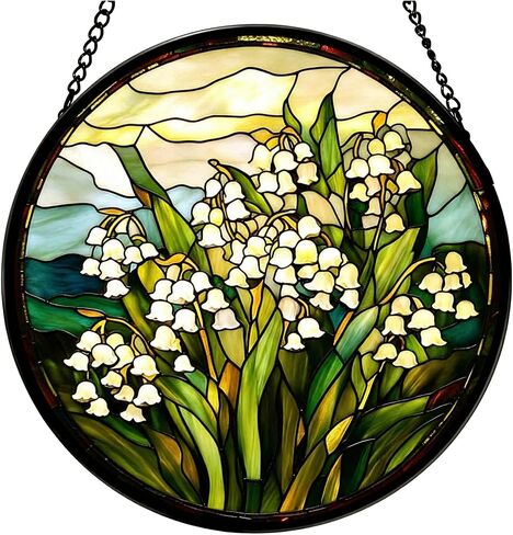 Stained Glass Window Hanging,Lily of The Valley Sun Catchers Ornament,Diamond Glass Panel Hangings,Green Plants Suncatcher Decor for Birthday for Women, Men, Mom and Grandma 6.3 in in Kuwait