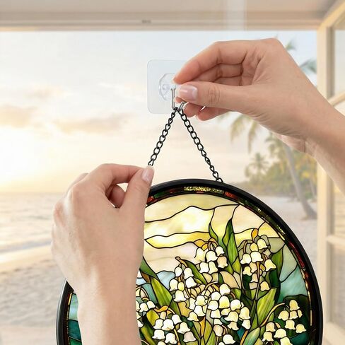 Stained Glass Window Hanging,Lily of The Valley Sun Catchers Ornament,Diamond Glass Panel Hangings,Green Plants Suncatcher Decor for Birthday for Women, Men, Mom and Grandma 6.3 in in Kuwait