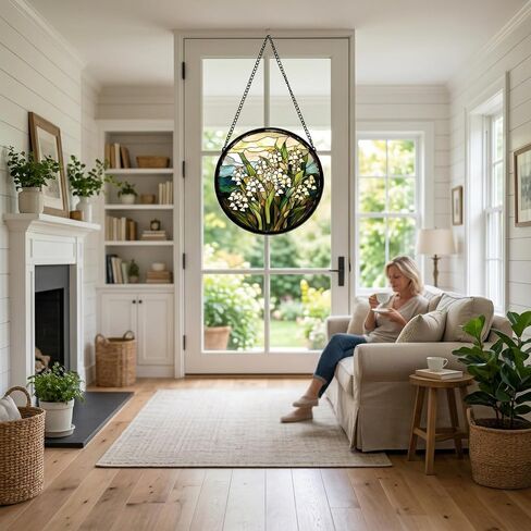 Stained Glass Window Hanging,Lily of The Valley Sun Catchers Ornament,Diamond Glass Panel Hangings,Green Plants Suncatcher Decor for Birthday for Women, Men, Mom and Grandma 6.3 in in Kuwait