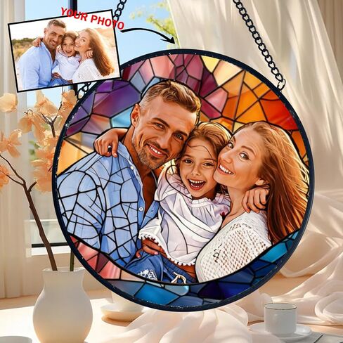 Custom Photo Stained Glass Suncatcher - Personalized Family Picture Hanging Ornament with Chain, Round Faux Stained Glass Window Art, Unique Home Decor Father's Day Memorial Gift for Dad Mom in Saudi Arabia