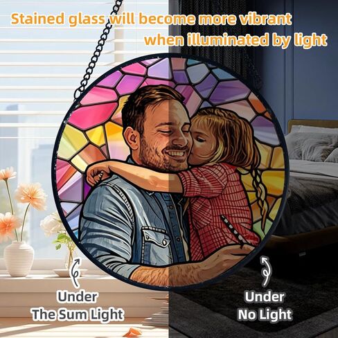 Custom Photo Stained Glass Suncatcher - Personalized Family Picture Hanging Ornament with Chain, Round Faux Stained Glass Window Art, Unique Home Decor Father's Day Memorial Gift for Dad Mom in Saudi Arabia