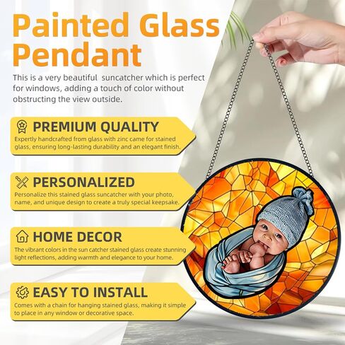 Custom Photo Stained Glass Suncatcher - Personalized Family Picture Hanging Ornament with Chain, Round Faux Stained Glass Window Art, Unique Home Decor Father's Day Memorial Gift for Dad Mom in Saudi Arabia