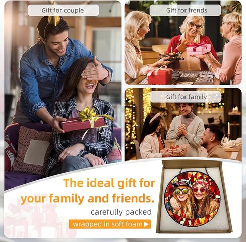 Custom Photo Stained Glass Suncatcher - Personalized Family Picture Hanging Ornament with Chain, Round Faux Stained Glass Window Art, Unique Home Decor Father's Day Memorial Gift for Dad Mom in Saudi Arabia