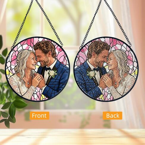 Custom Photo Stained Glass Suncatcher - Personalized Family Picture Hanging Ornament with Chain, Round Faux Stained Glass Window Art, Unique Home Decor Father's Day Memorial Gift for Dad Mom in Saudi Arabia