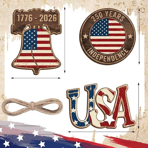 Lineshading 8 Pcs 250th Anniversary Patriotic Wood Tree Ornaments 4th of July Red White Blue Decorations Rustic Farmhouse USA American Flag Eagle Hanging Ornament for 250th Merchandise Labor Veterans in Kuwait