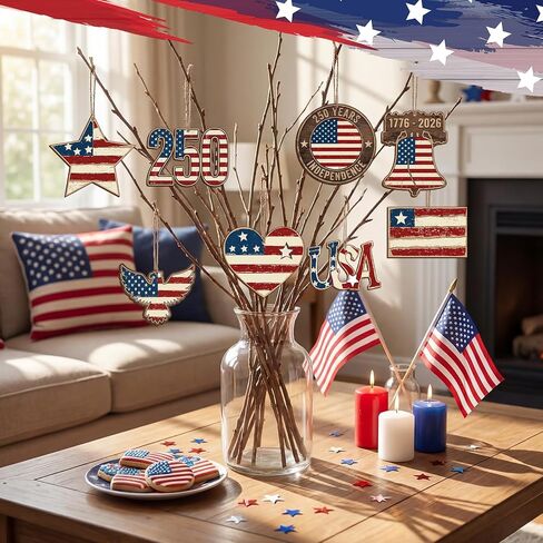 Lineshading 8 Pcs 250th Anniversary Patriotic Wood Tree Ornaments 4th of July Red White Blue Decorations Rustic Farmhouse USA American Flag Eagle Hanging Ornament for 250th Merchandise Labor Veterans in Kuwait