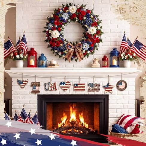 Lineshading 8 Pcs 250th Anniversary Patriotic Wood Tree Ornaments 4th of July Red White Blue Decorations Rustic Farmhouse USA American Flag Eagle Hanging Ornament for 250th Merchandise Labor Veterans in Kuwait