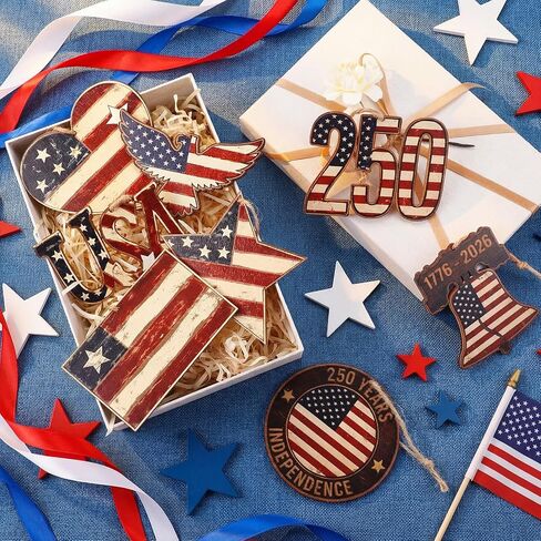 Lineshading 8 Pcs 250th Anniversary Patriotic Wood Tree Ornaments 4th of July Red White Blue Decorations Rustic Farmhouse USA American Flag Eagle Hanging Ornament for 250th Merchandise Labor Veterans in Kuwait