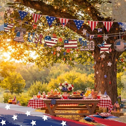 Lineshading 8 Pcs 250th Anniversary Patriotic Wood Tree Ornaments 4th of July Red White Blue Decorations Rustic Farmhouse USA American Flag Eagle Hanging Ornament for 250th Merchandise Labor Veterans in Kuwait