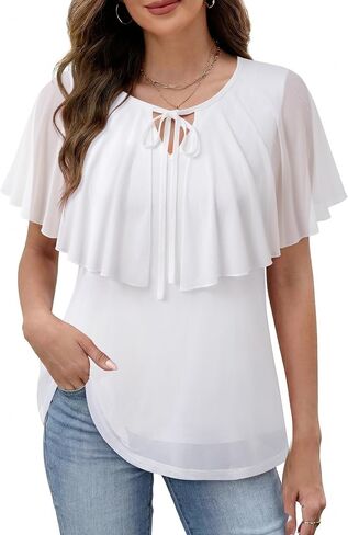 Lotusmile Womens Summer Tops Dressy Casual A-Line Double Layered Mesh Cape Flutter Sleeve Flattering Blouses in Kuwait