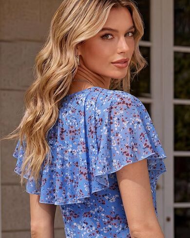 Lotusmile Womens Summer Tops Dressy Casual A-Line Double Layered Mesh Cape Flutter Sleeve Flattering Blouses in Kuwait