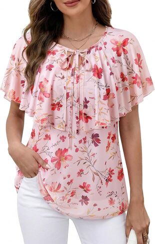 Lotusmile Womens Summer Tops Dressy Casual A-Line Double Layered Mesh Cape Flutter Sleeve Flattering Blouses in Kuwait