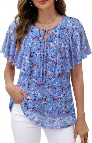 Lotusmile Womens Summer Tops Dressy Casual A-Line Double Layered Mesh Cape Flutter Sleeve Flattering Blouses in Kuwait