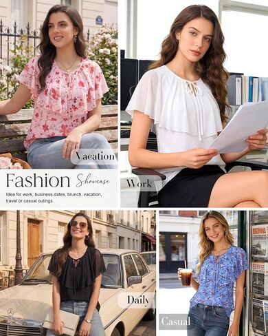 Lotusmile Womens Summer Tops Dressy Casual A-Line Double Layered Mesh Cape Flutter Sleeve Flattering Blouses in Kuwait