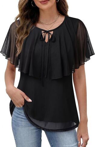 Lotusmile Womens Summer Tops Dressy Casual A-Line Double Layered Mesh Cape Flutter Sleeve Flattering Blouses in Kuwait