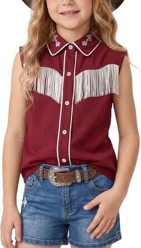 Yesfashion Girls Western Shirt Sleeveless Button Down Fringe Cowgirl Tassel Blouse Mexican Embroidered Tops in Kuwait