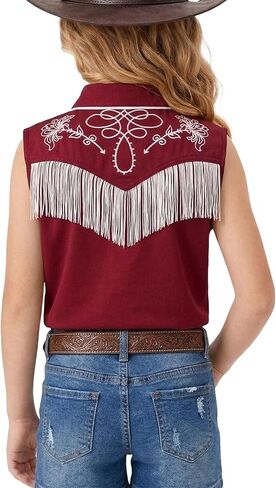 Yesfashion Girls Western Shirt Sleeveless Button Down Fringe Cowgirl Tassel Blouse Mexican Embroidered Tops in Kuwait