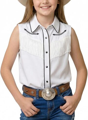 Spring&Gege Girls Western Fringe Shirt Cowgirl Pearl Snap Button Down Embroidered Sleeveless Blouse Tops (5-12 Years) in Kuwait