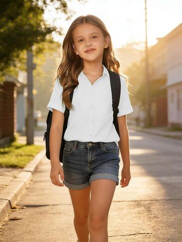 Girls Button Down Shirts Kids Short Sleeve Dress Shirts School Uniform Blouse 7-14 Years in Kuwait