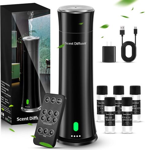 Waterless Scent Diffuser Kit — Covers 1,500 sq. ft. Suitable for Large Rooms, Home, Offices, and Hotels. Includes Five Essential Oils and Remote Control. Black in Saudi Arabia