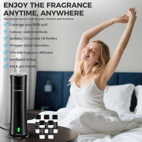 Waterless Scent Diffuser Kit — Covers 1,500 sq. ft. Suitable for Large Rooms, Home, Offices, and Hotels. Includes Five Essential Oils and Remote Control. Black in Saudi Arabia