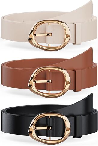 Amyzavls 3 Pack Women's Belts for Jeans, Dresses, Pants, Leather Belt for Women with Fluid Liquid Shaped Gold Buckle, Black & Brown & Beige Trendy Fashion Belts for Ladies 43 inch in Kuwait