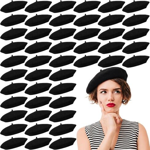 48 Pack Wool Beret Hats for Women Black Beret Hats Bulk for Theme Parties, French Outfits, Adults Unisex in Kuwait