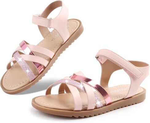 Girls Sandals with Sparkly Glitter Strap for Toddler/Little/Big Kids - Adjustable Open Toe Lightweight Summer Shoes, Cute Sandals for Beach, School & Vacation in Kuwait