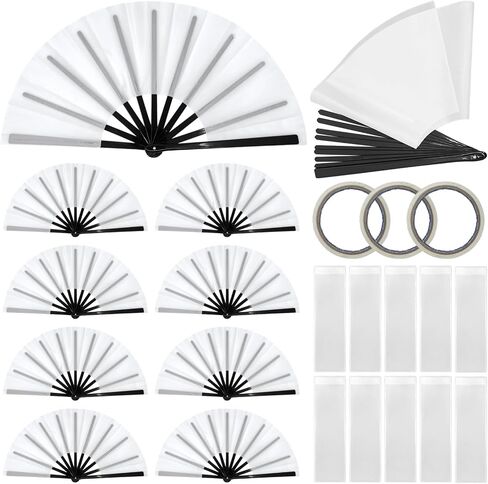 10 Pcs Sublimation Blank Handheld Folding Fans with Plastic Ribs and Double-Sided Tape, 24.8 in DIY Craft Fans for Heat Transfer Printing, Folding Fan Large Clack Handheld for Party Dance Wedding in Saudi Arabia