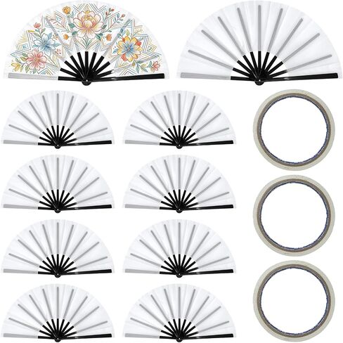 10 Pcs Sublimation Blank Handheld Folding Fans with Plastic Ribs and Double-Sided Tape, 24.8 in DIY Craft Fans for Heat Transfer Printing, Folding Fan Large Clack Handheld for Party Dance Wedding in Saudi Arabia