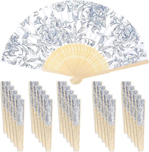 25 Sets Blue Floral Paper Fans for Wedding Guests, Vintage Folding Hand Fan Bulk, Handheld Fans for Bridal Shower Party Favors Bridesmaid Gifts in Saudi Arabia