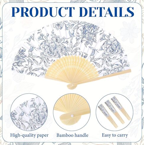 25 Sets Blue Floral Paper Fans for Wedding Guests, Vintage Folding Hand Fan Bulk, Handheld Fans for Bridal Shower Party Favors Bridesmaid Gifts in Saudi Arabia