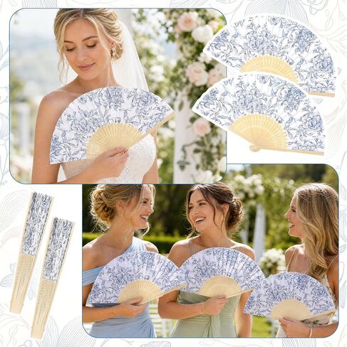 25 Sets Blue Floral Paper Fans for Wedding Guests, Vintage Folding Hand Fan Bulk, Handheld Fans for Bridal Shower Party Favors Bridesmaid Gifts in Saudi Arabia