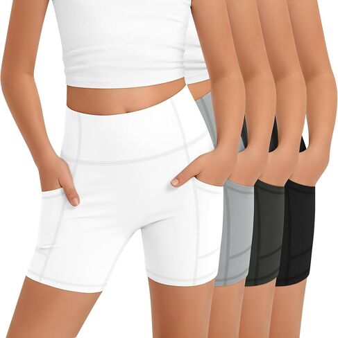 4 Pack Girls' Athletic Shorts Kids High Waisted Yoga Biker Shorts with Pockets for Summer Bike Running Dance Active in Kuwait