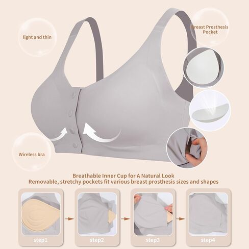 Lervanla Post Surgery Mastectomy Bra with Pockets,Front Closure Bra for Breast Forms, Seamless Supportive Bralette for Women in Saudi Arabia