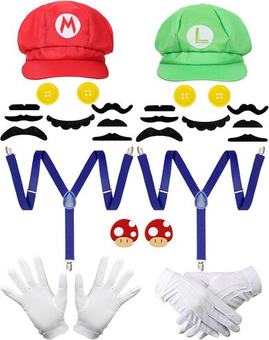 Super Bros Hats Costume Accessories Adult Halloween Cosplay with Mustaches, Suspenders, Gloves Buttons and Brooch in Saudi Arabia