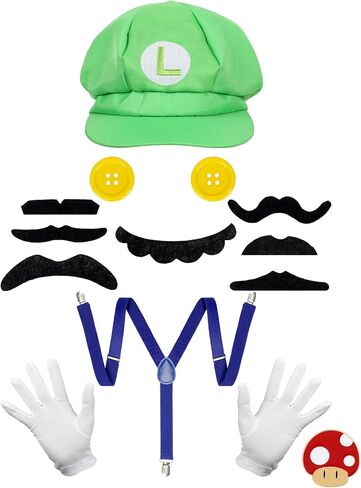 Super Bros Hats Costume Accessories Adult Halloween Cosplay with Mustaches, Suspenders, Gloves Buttons and Brooch in Kuwait